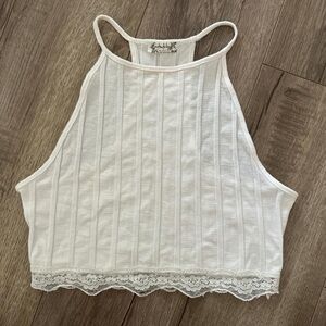 Free People White Ribbed Lace-Trim Halter Crop Top